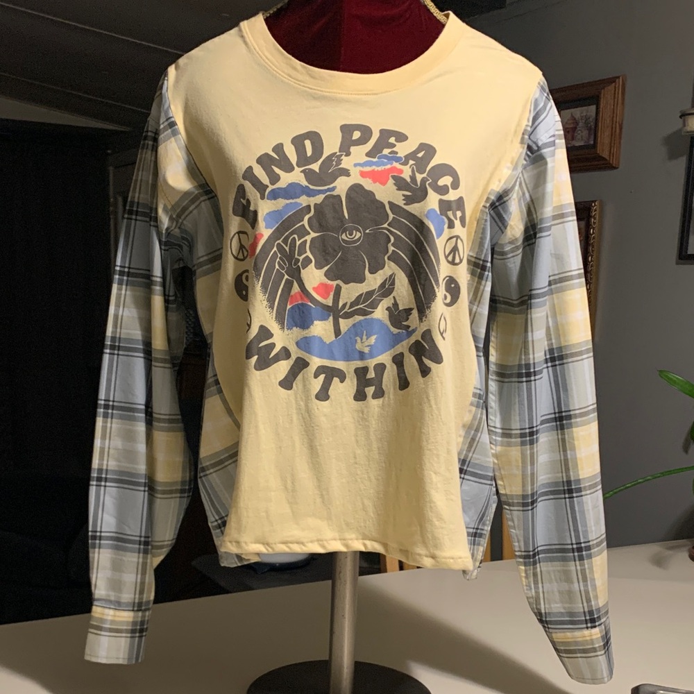 Upcycled “Find Peace Within”Yellow Graphic Tee with plaid Plaid Sleeves